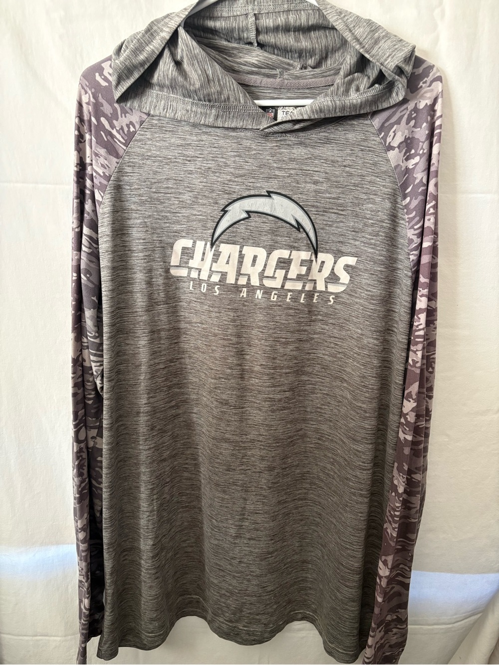 NFL Los Angeles Chargers Gray Hooded Performance Shirt with Camo Sleeves